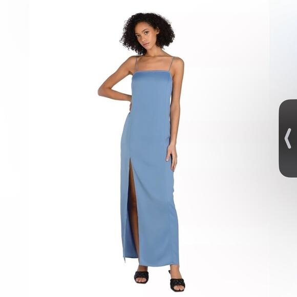 Bar III X Nicole Williams English Blue Satin Maxi Dress Side Slit - Picture 1 of 7